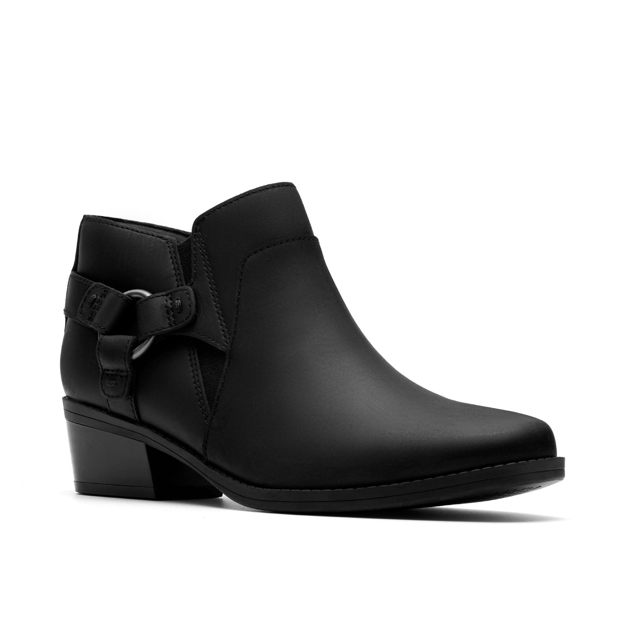 Black leather ankle boot with buckle detail.