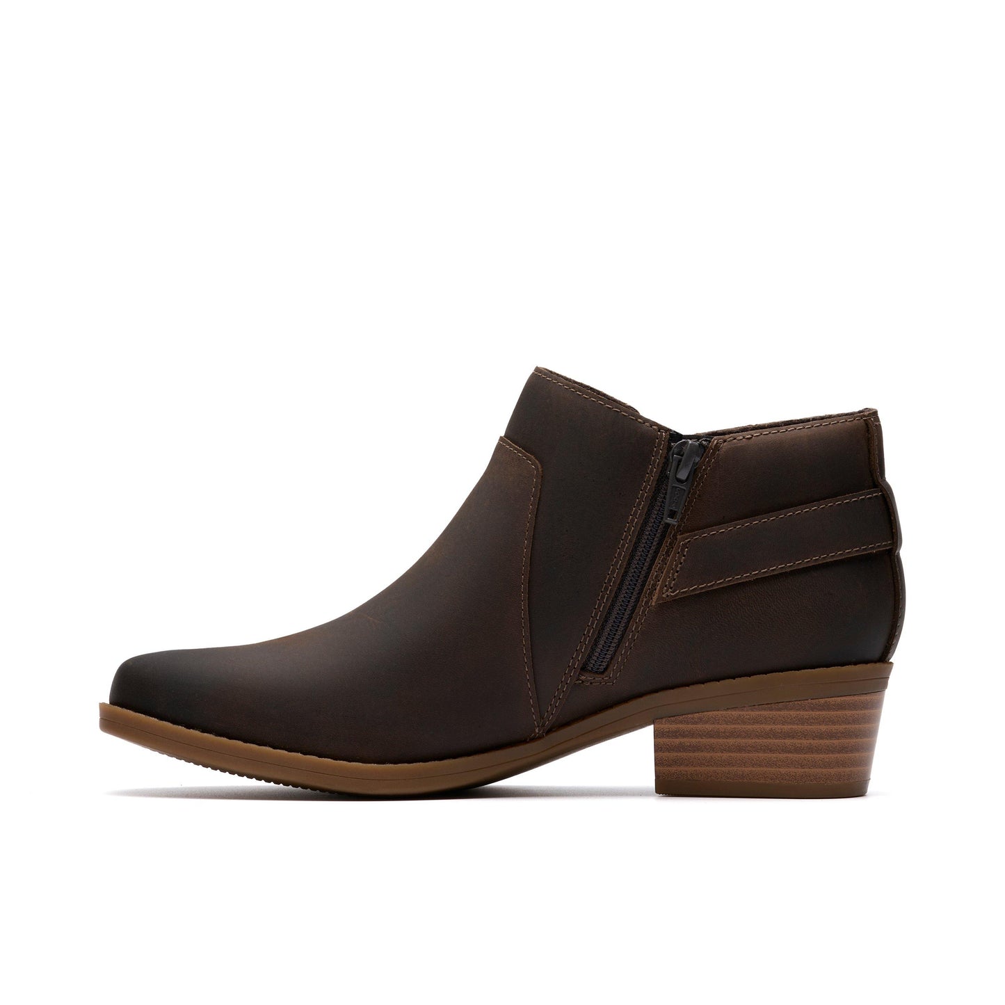 Side view of a brown, mid-heel ankle boot with a side zipper.