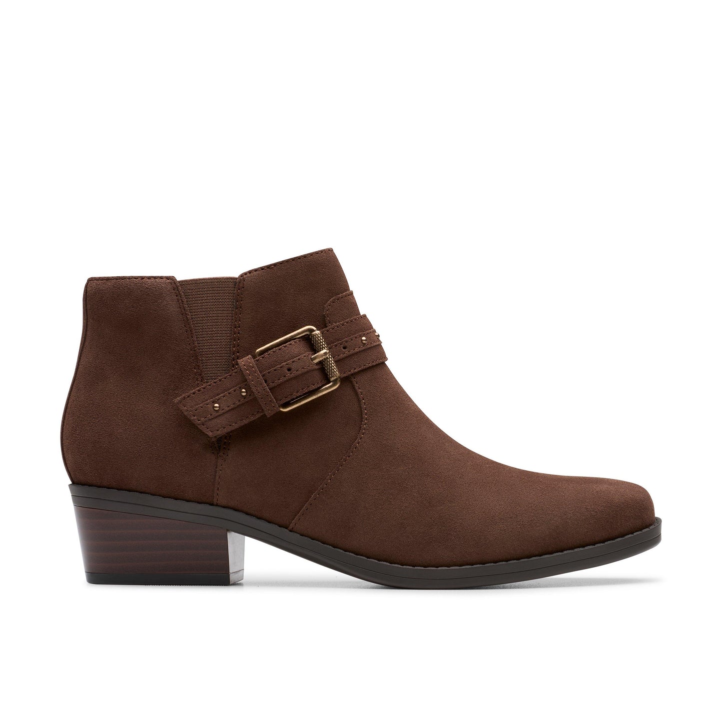 A brown ankle boot with a low block heel and a decorative buckle.