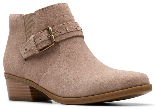 Suede ankle boot in taupe with buckle strap and low block heel.