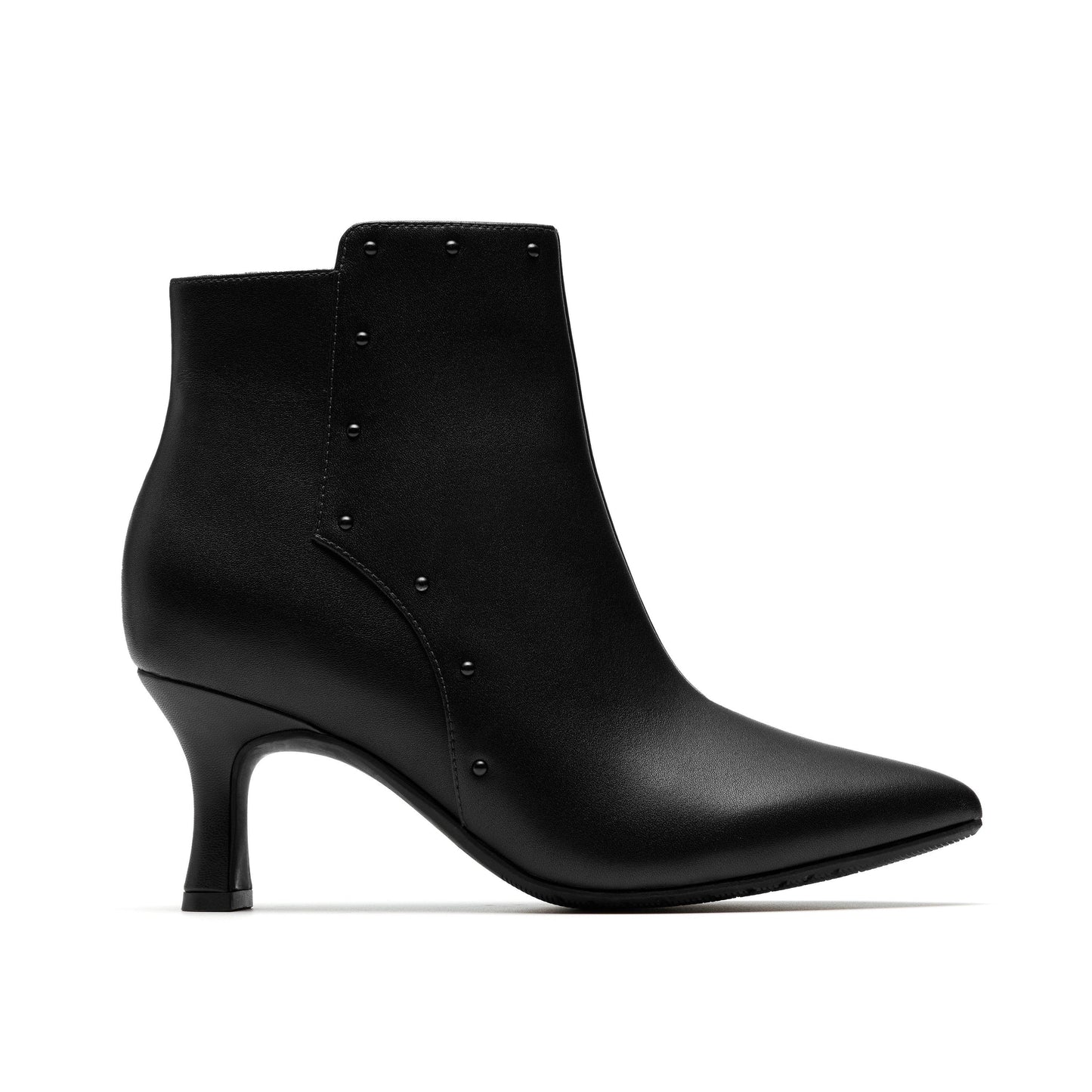 Black leather ankle boot with pointed toe and stiletto heel.