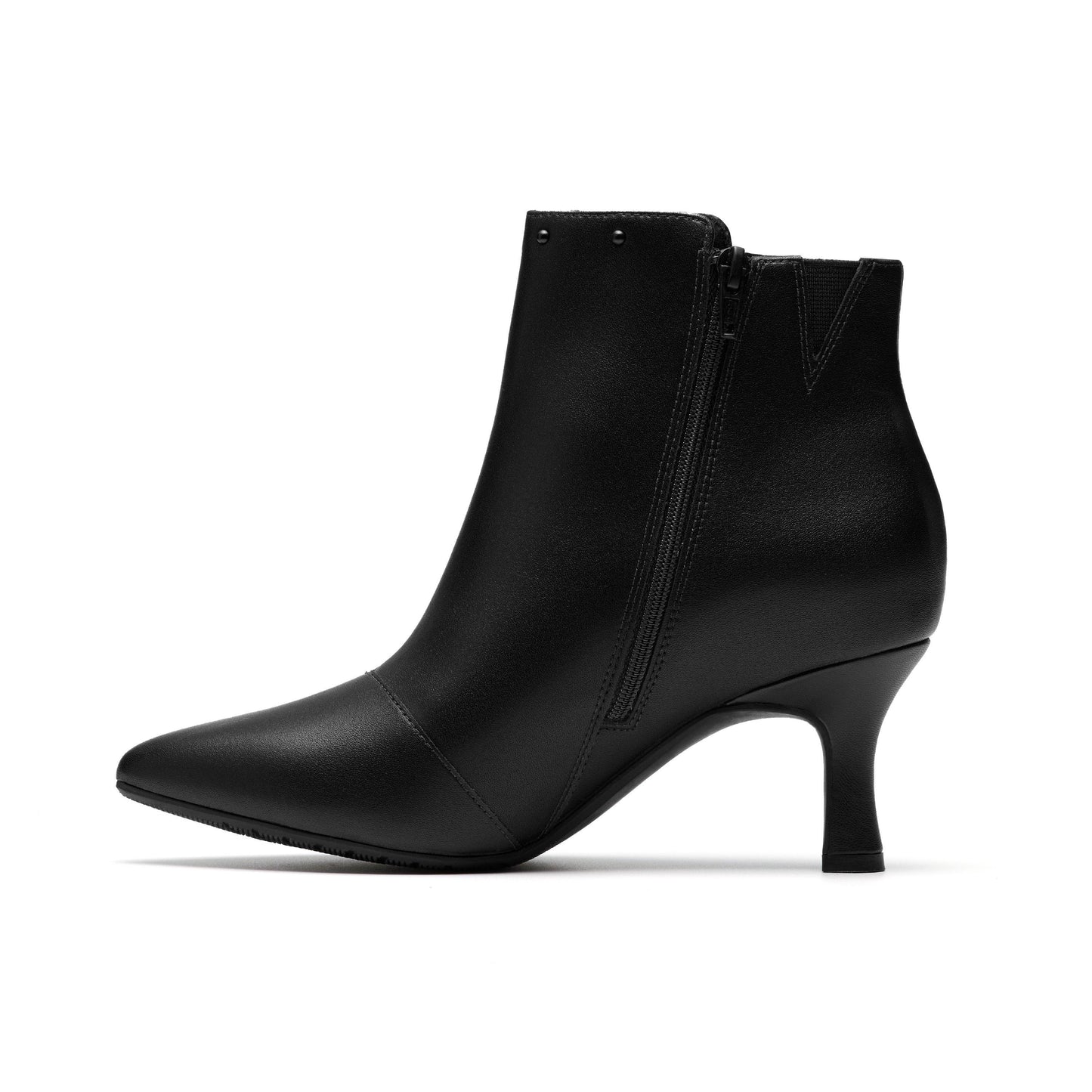 A black pointed toe ankle boot with a stiletto heel and side zipper.