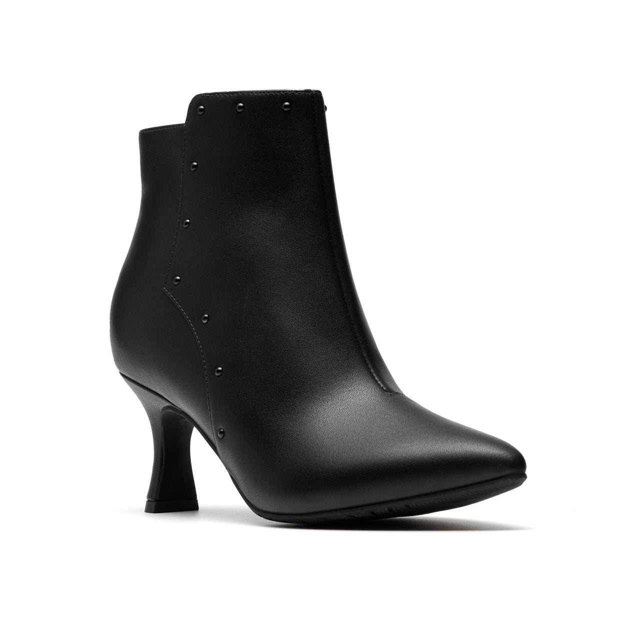 Black ankle boot with pointed toe and cone heel, accented with small studs.
