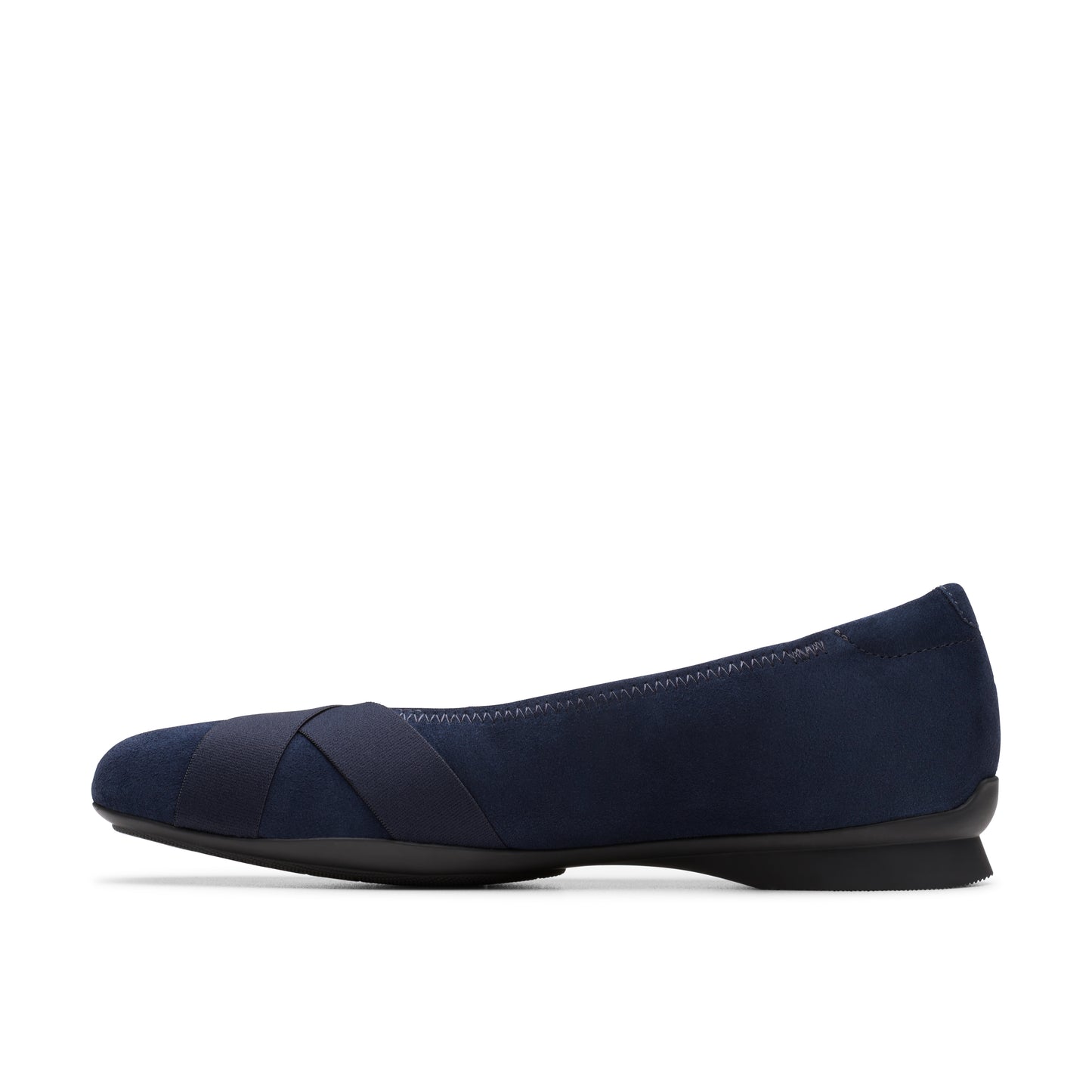 Navy blue ballet flat shoe with criss-cross elastic straps.