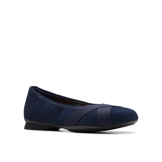 Navy blue ballet flat with elastic cross strap.