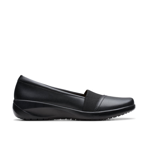 Black slip-on dress shoe with a low wedge heel and elastic strap.