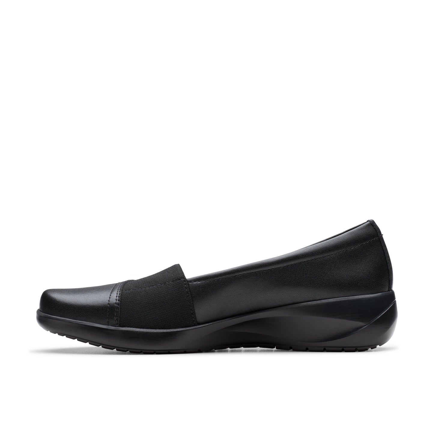 A black leather dress shoe with a slightly pointed toe and a low, curved heel, featuring a dark fabric band across the front.