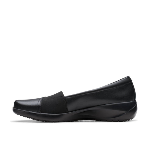 A black leather dress shoe with a slightly pointed toe and a low, curved heel, featuring a dark fabric band across the front.