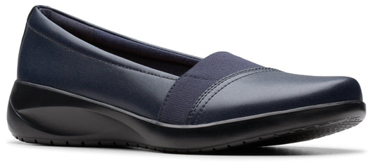 Navy blue slip-on shoe with elastic band.