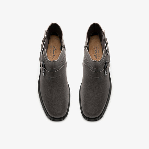 Pair of gray ankle boots with buckle accents, viewed from above.