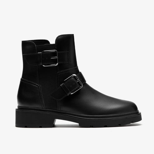 Black leather ankle boot with two buckled straps