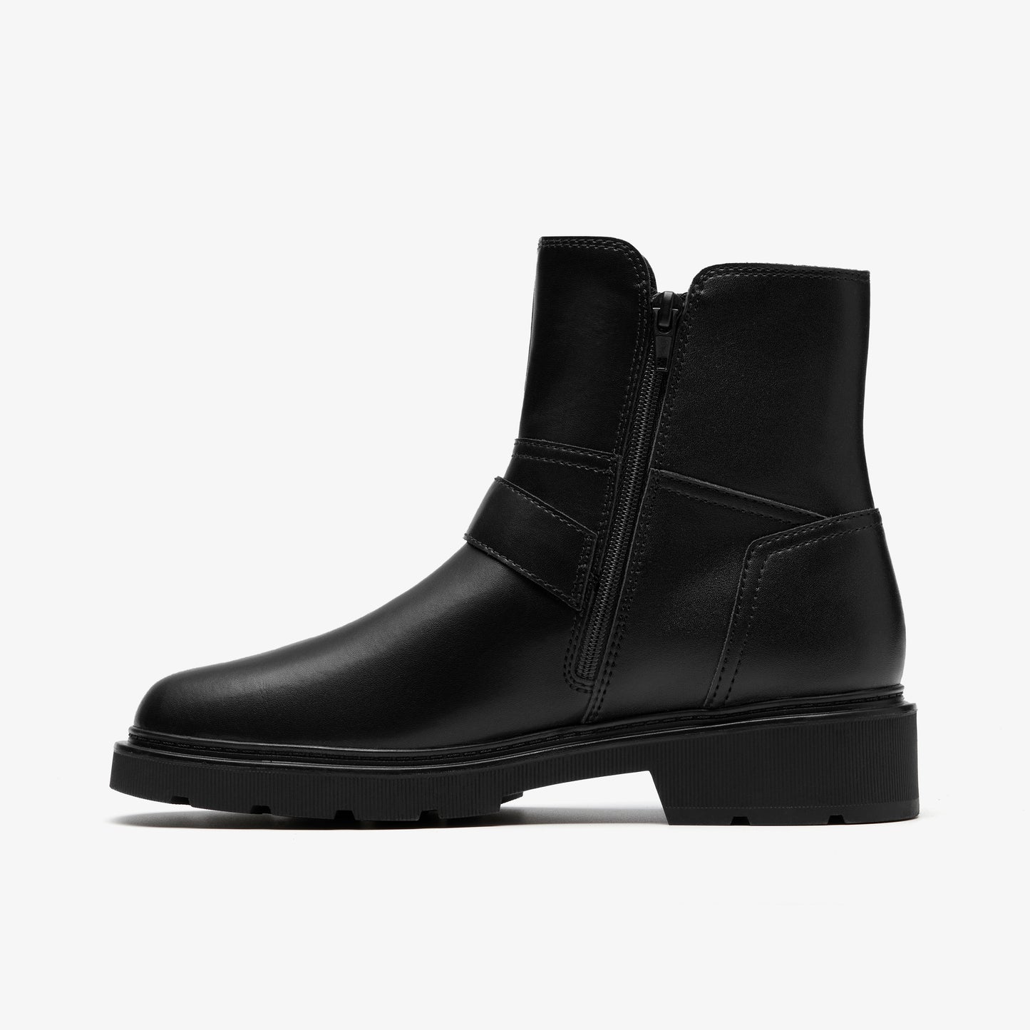 Black leather ankle boot with buckle strap and side zipper.