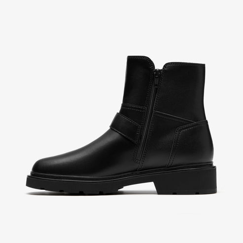Black leather ankle boot with buckle strap and side zipper.