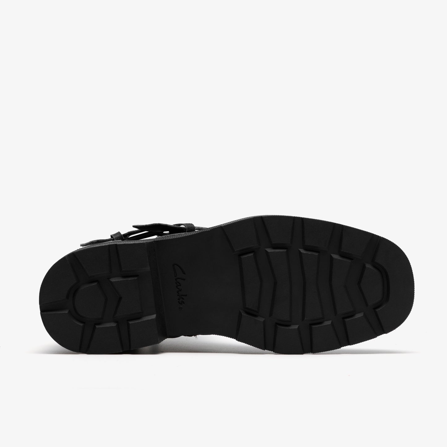 Black lug sole with visible "Clarks" logo.