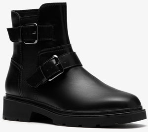 Black ankle boot with buckle straps.