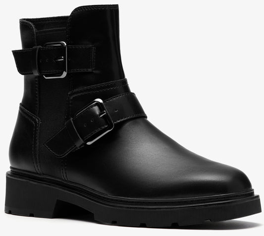 Black ankle boot with buckle straps.