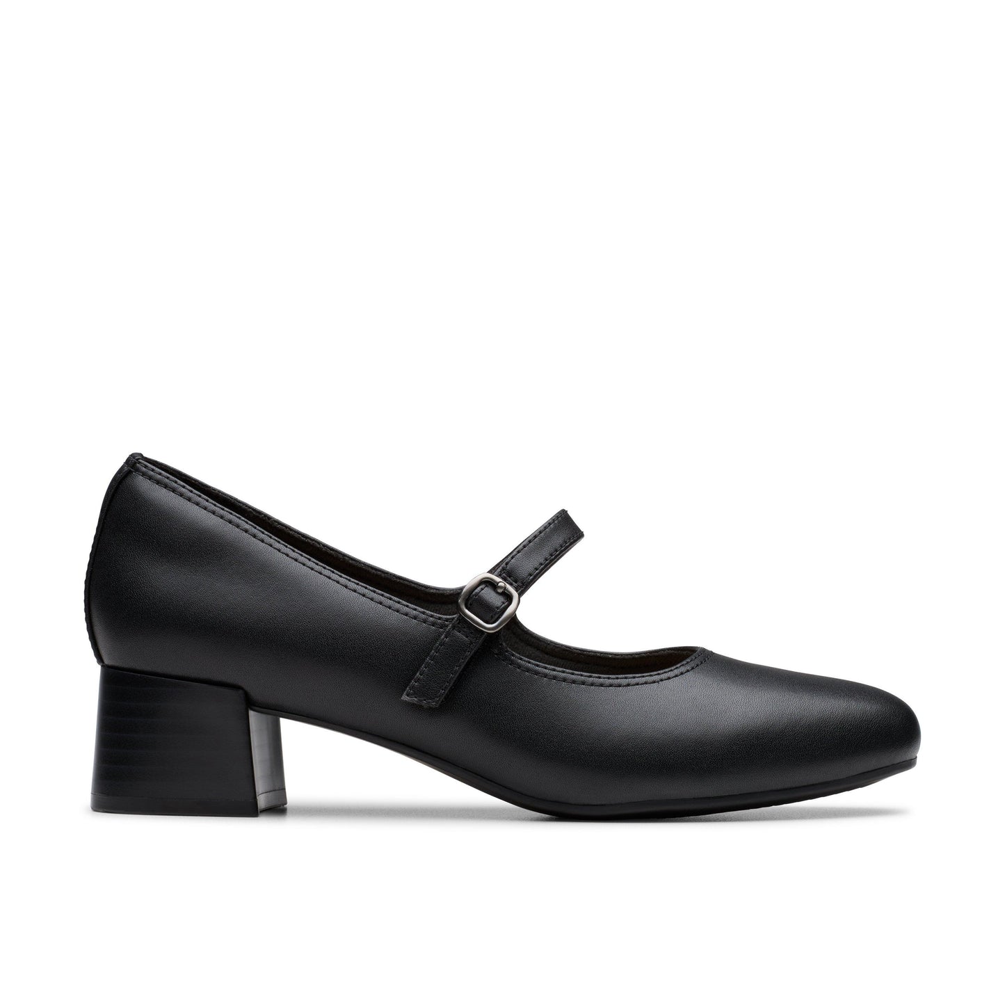 Black leather Mary Jane shoe with a block heel and a buckle strap.