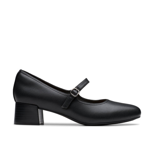 Black leather Mary Jane shoe with a block heel and a buckle strap.