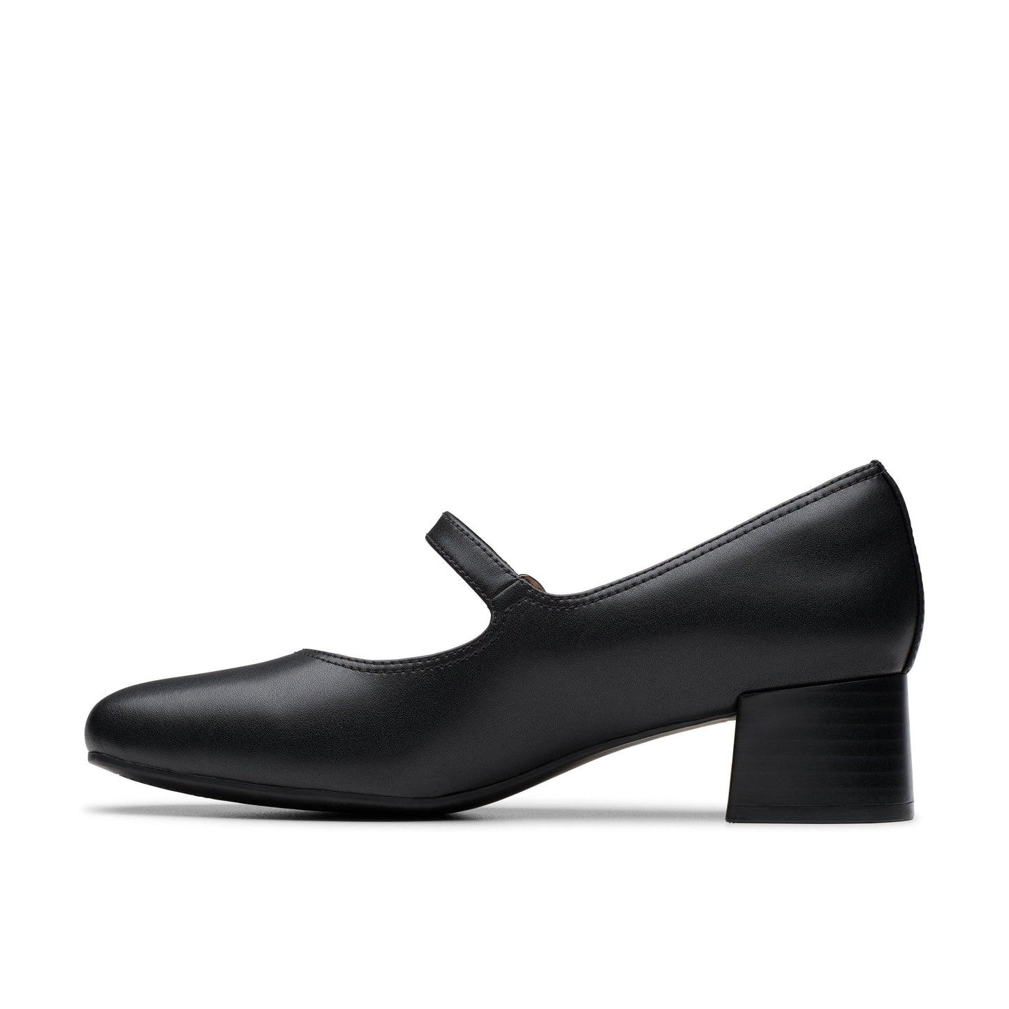 Black Mary Jane style dress shoe with block heel and buckle strap.