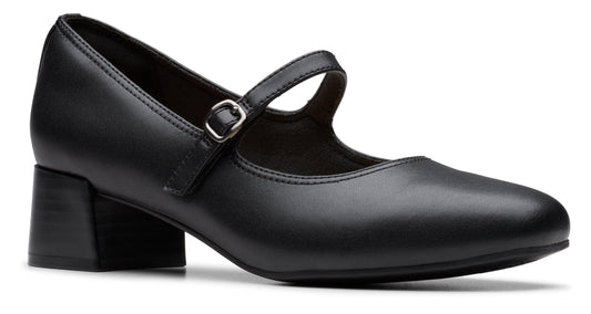 Black Mary Jane heel with an ankle strap and buckle.