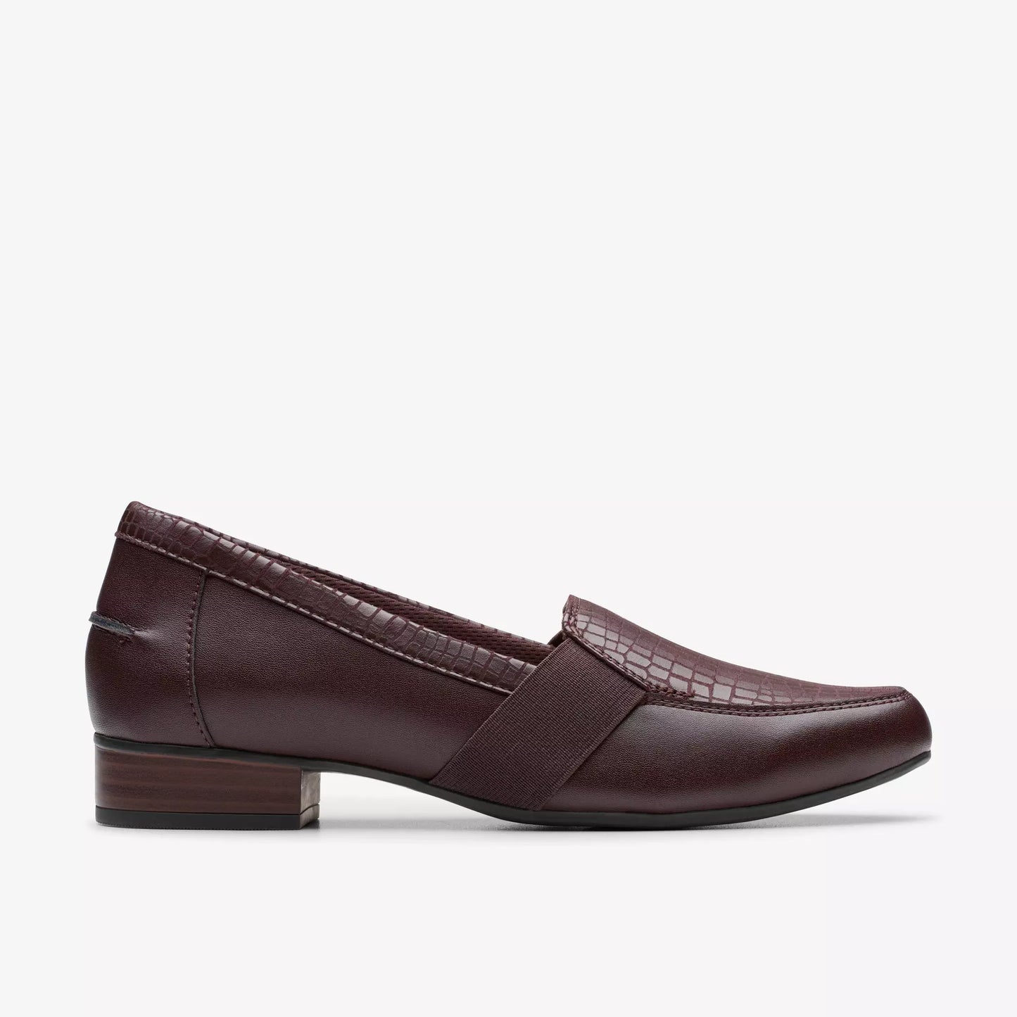 Burgundy leather loafer with a reptile-print strap.