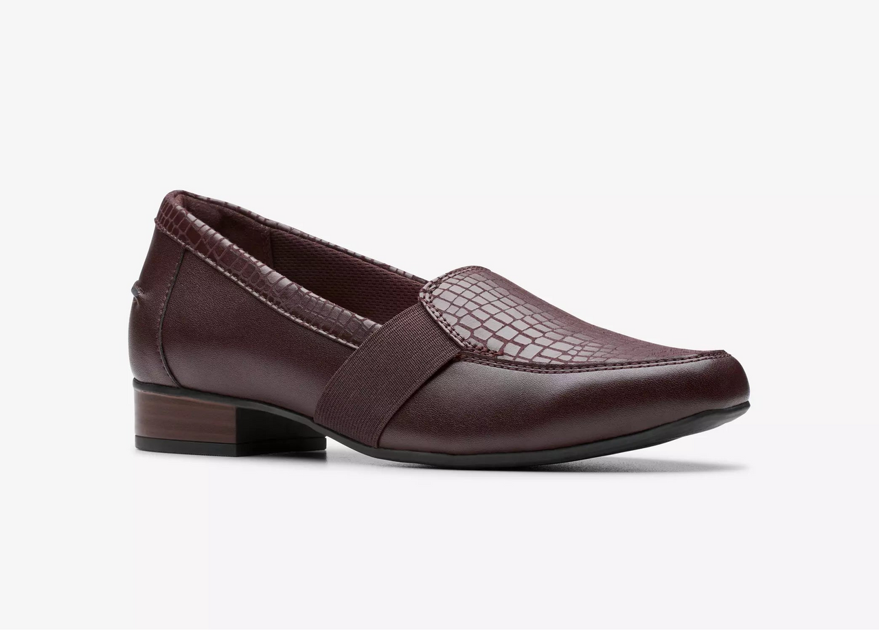 Burgundy leather women's loafer with square toe and low heel.