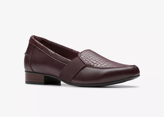 Burgundy leather women's loafer with square toe and low heel.