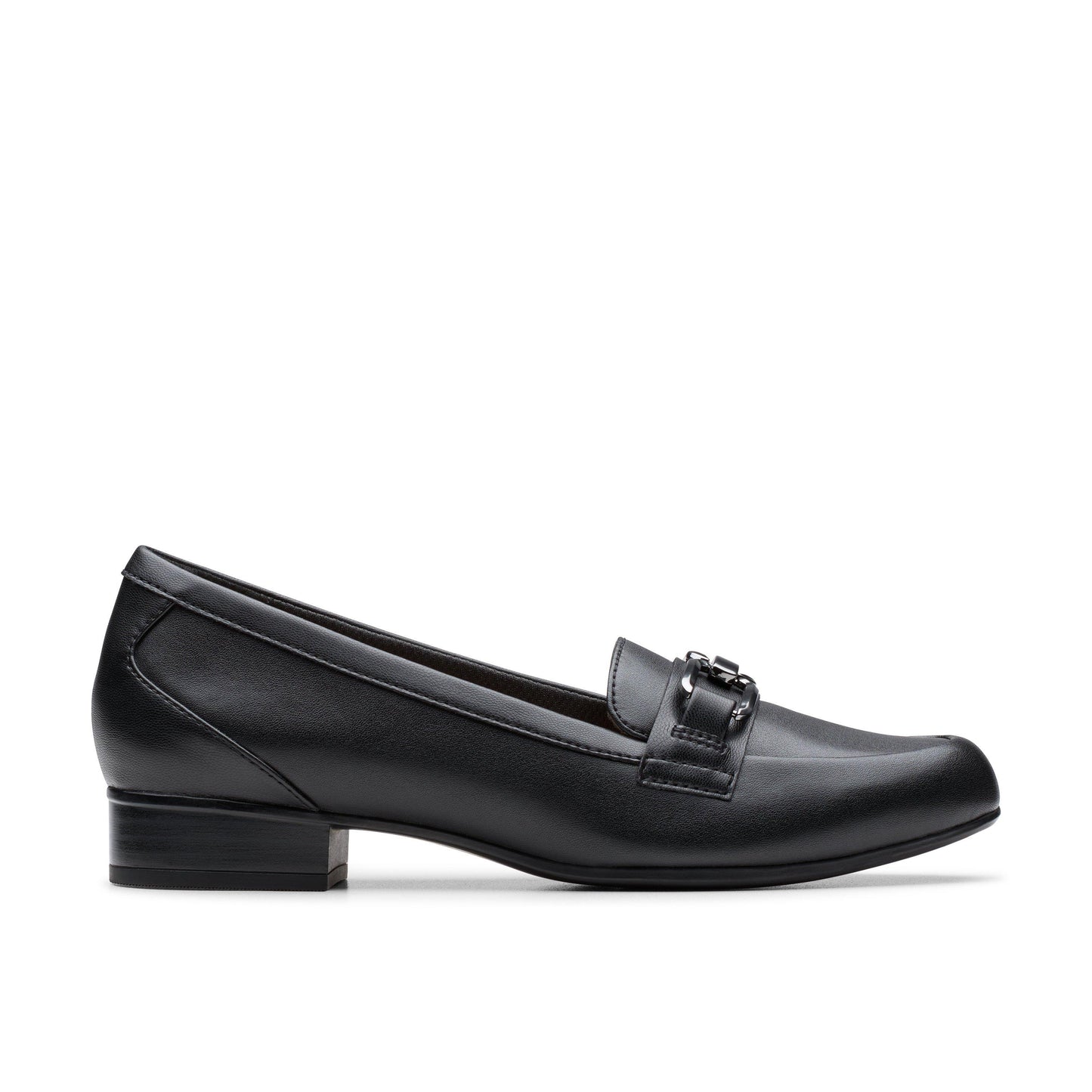 Black leather loafer with a metallic decorative clasp.