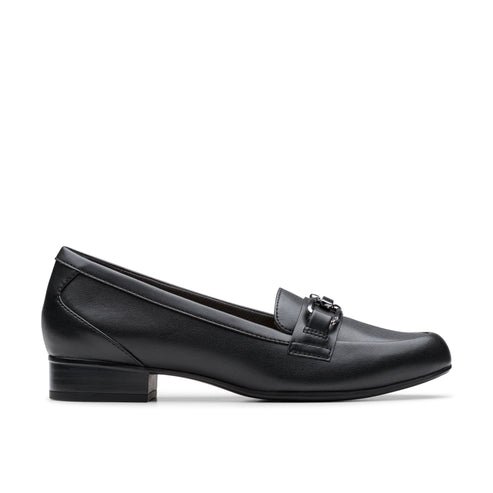 Black leather loafer with a metallic decorative clasp.