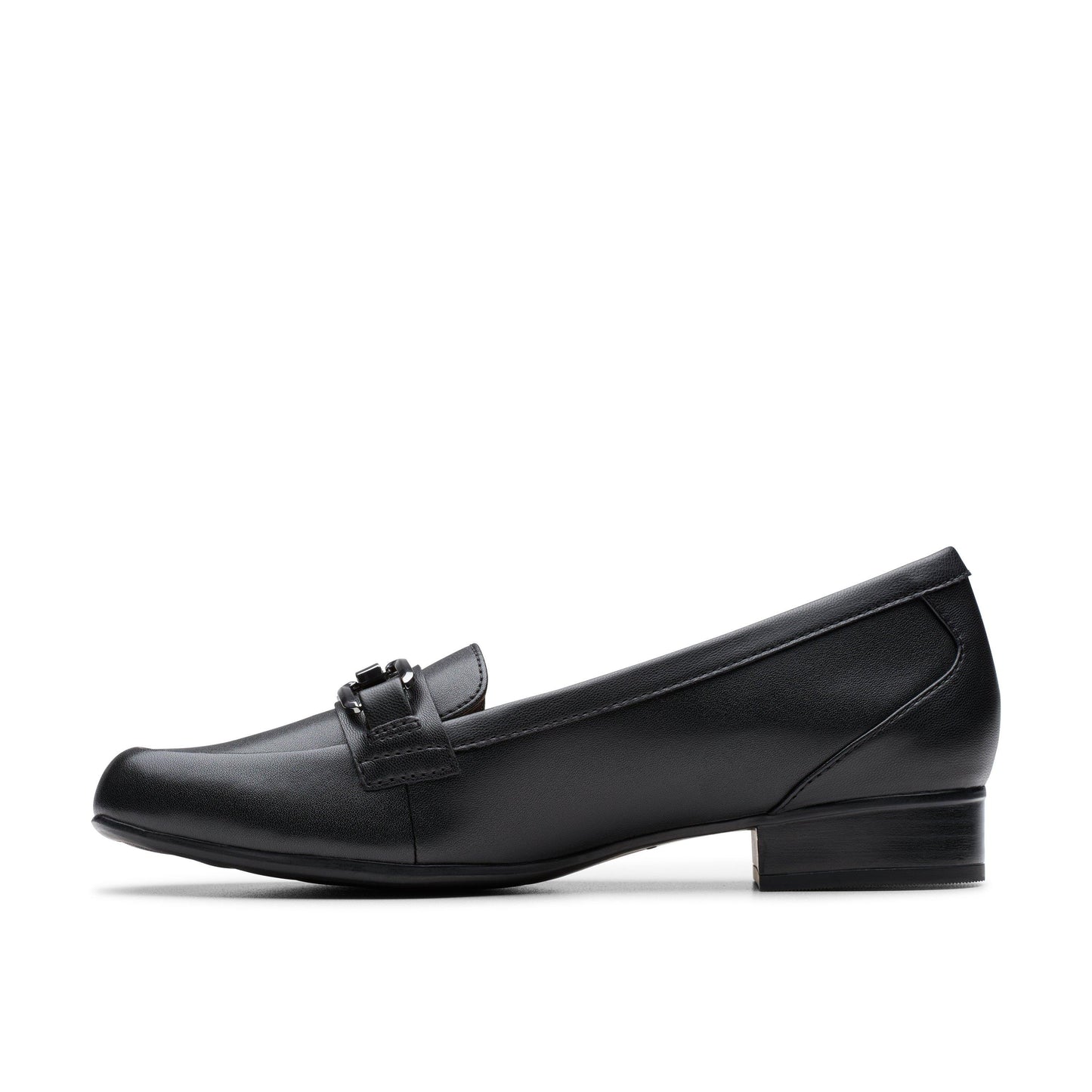 A black, square-toe dress loafer with a metal buckle on the vamp and a low heel.