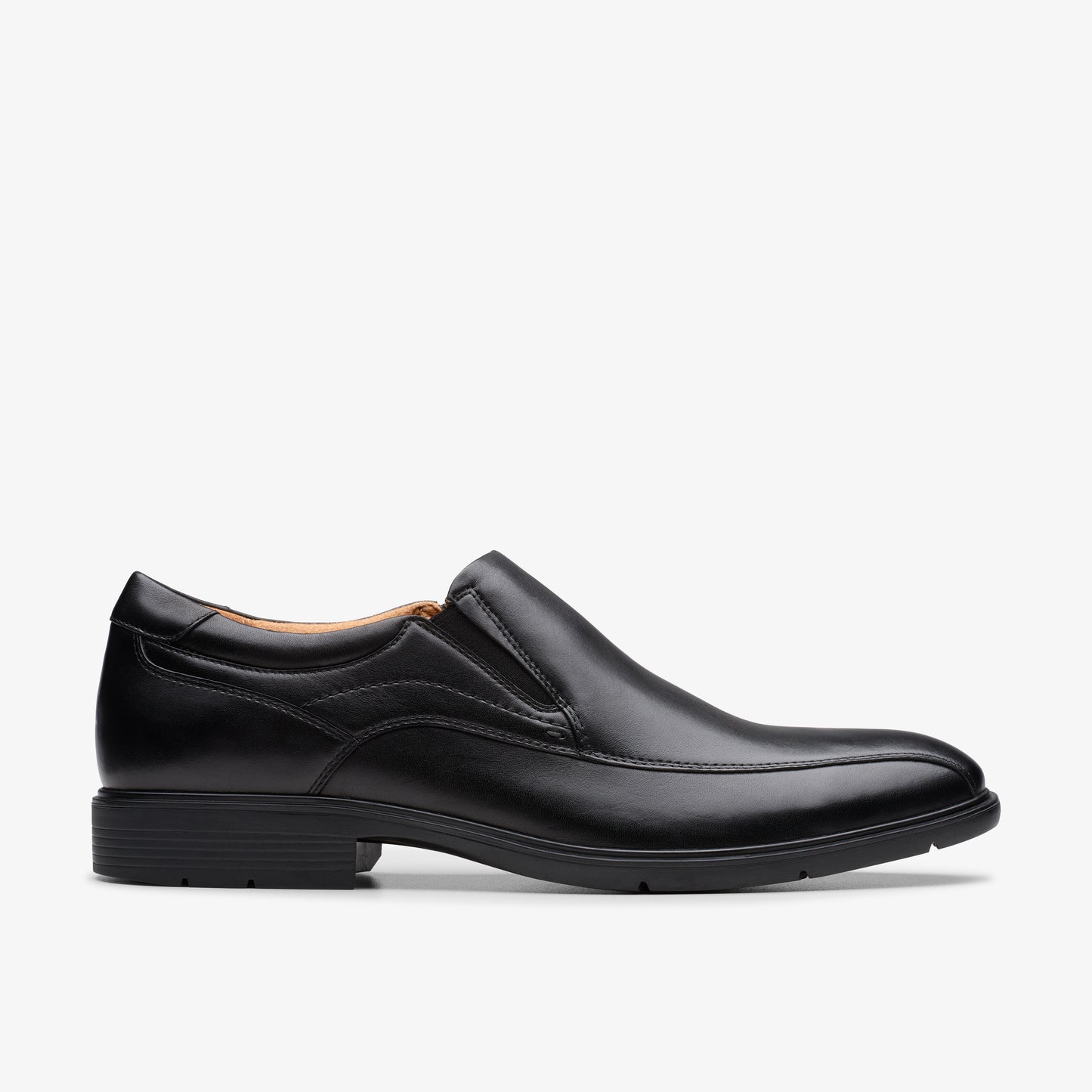 Black, leather slip-on dress shoe with slightly raised heel.