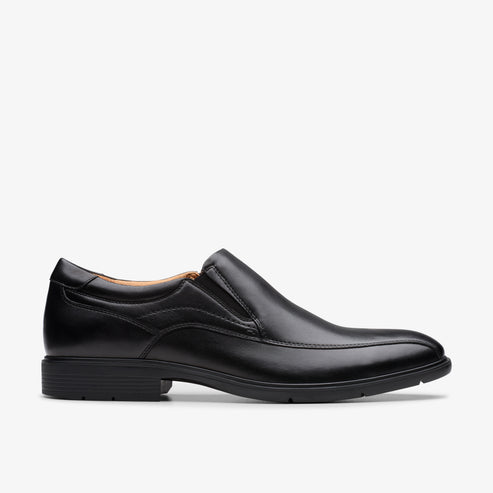 Black, leather slip-on dress shoe with slightly raised heel.