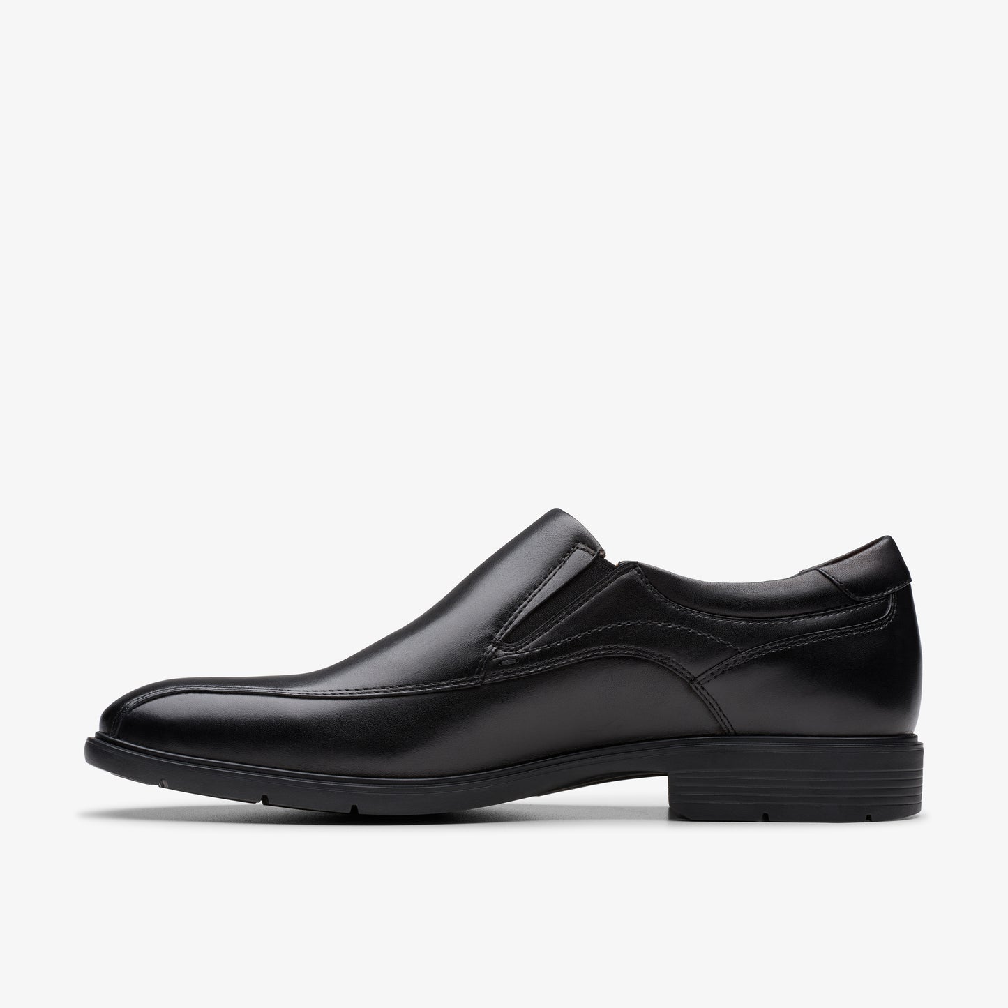 Black leather dress shoe with slip-on style.