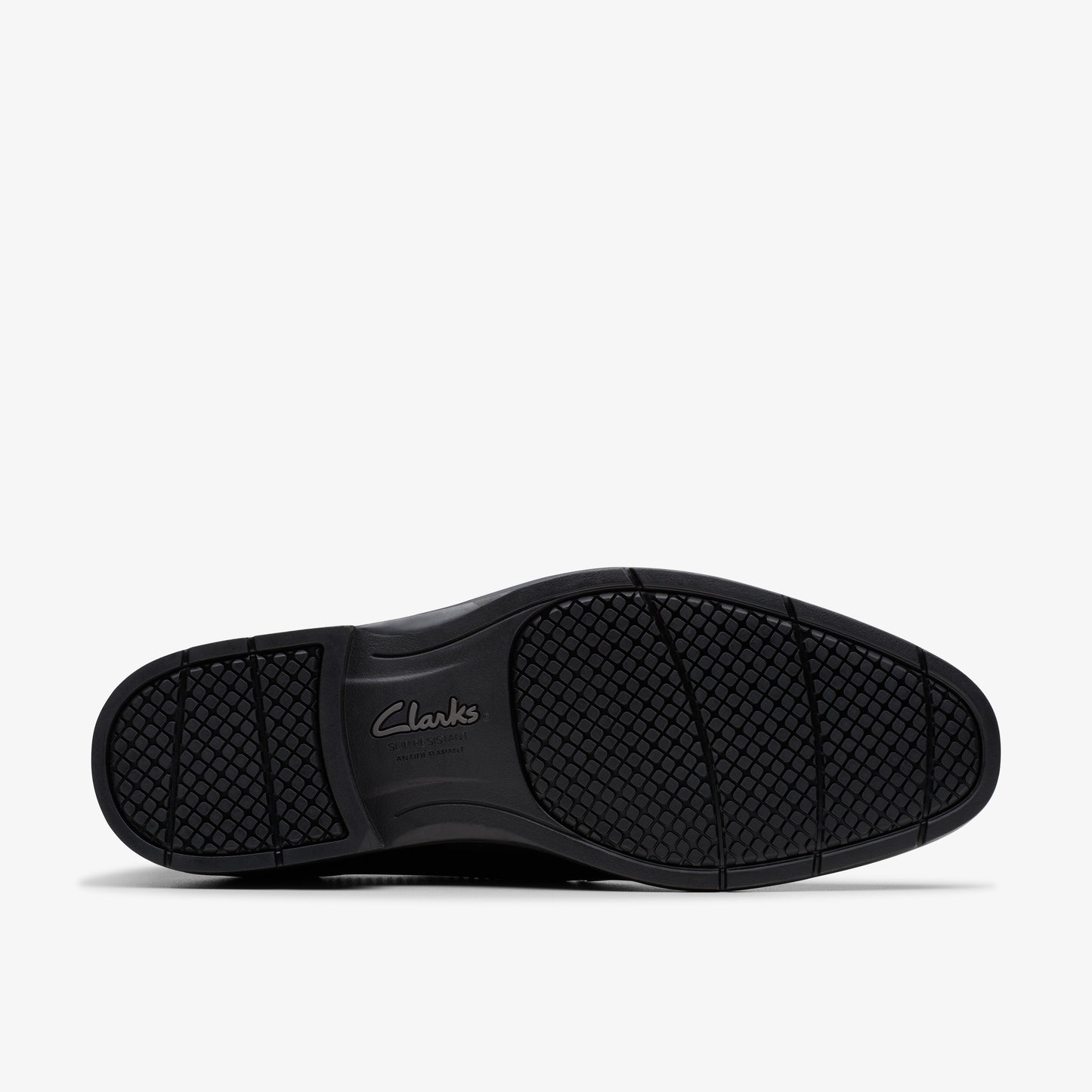 Black shoe sole with "Clarks" logo.