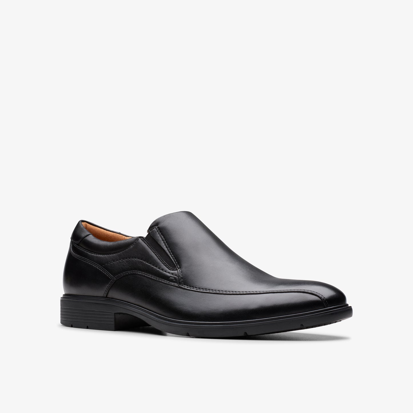 Black leather slip-on dress shoe with a rounded toe and a stacked heel.