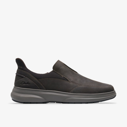 Side view of a dark gray slip-on leather shoe with a thick, cushioned gray sole.