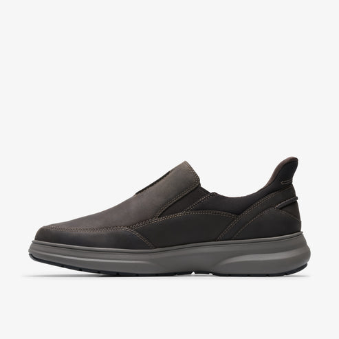 Slip-on men's shoe, dark grey leather, low heel, round toe.