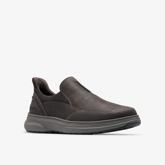Slip-on shoe in dark brown with rounded toe and thick, gray sole.