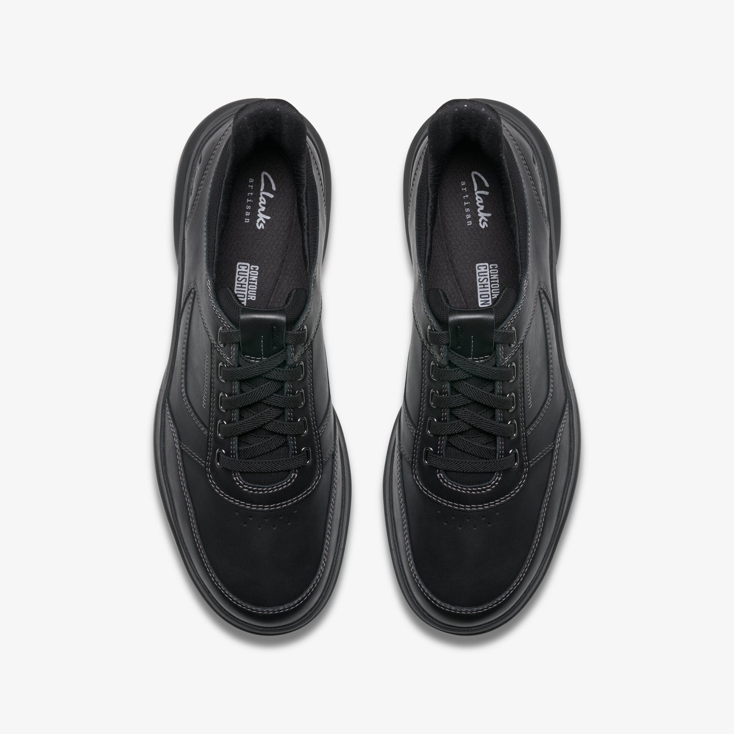 A pair of black leather shoes with black laces, "Clarks" text visible on the shoe.