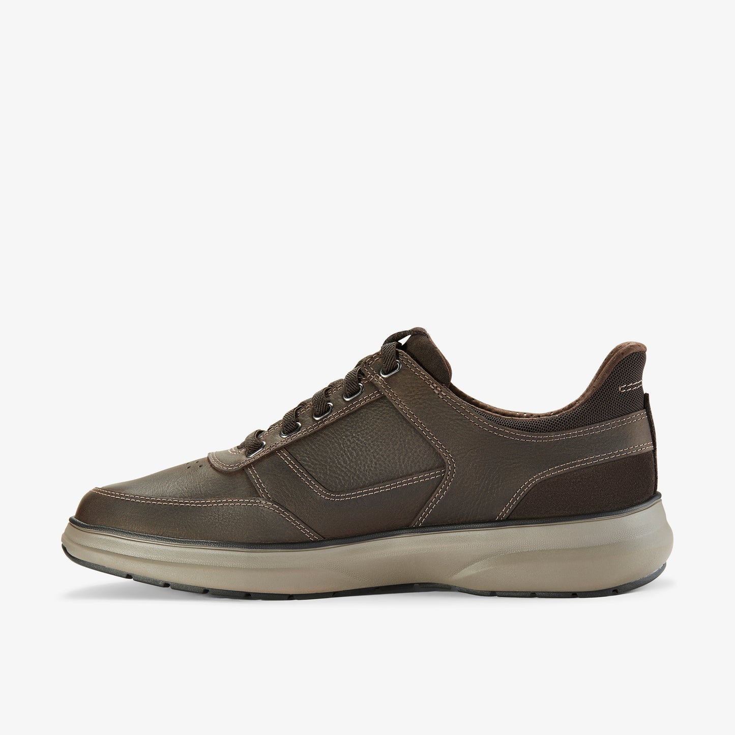 Olive green sneaker with leather construction and gray sole.