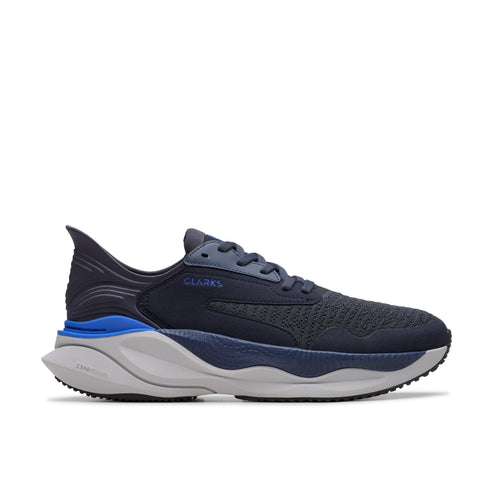 Dark blue running shoe with a thick white and grey sole and "CLARKS" branding on the side.