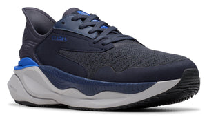 Navy blue athletic shoe with gray midsole and CLARKS logo.