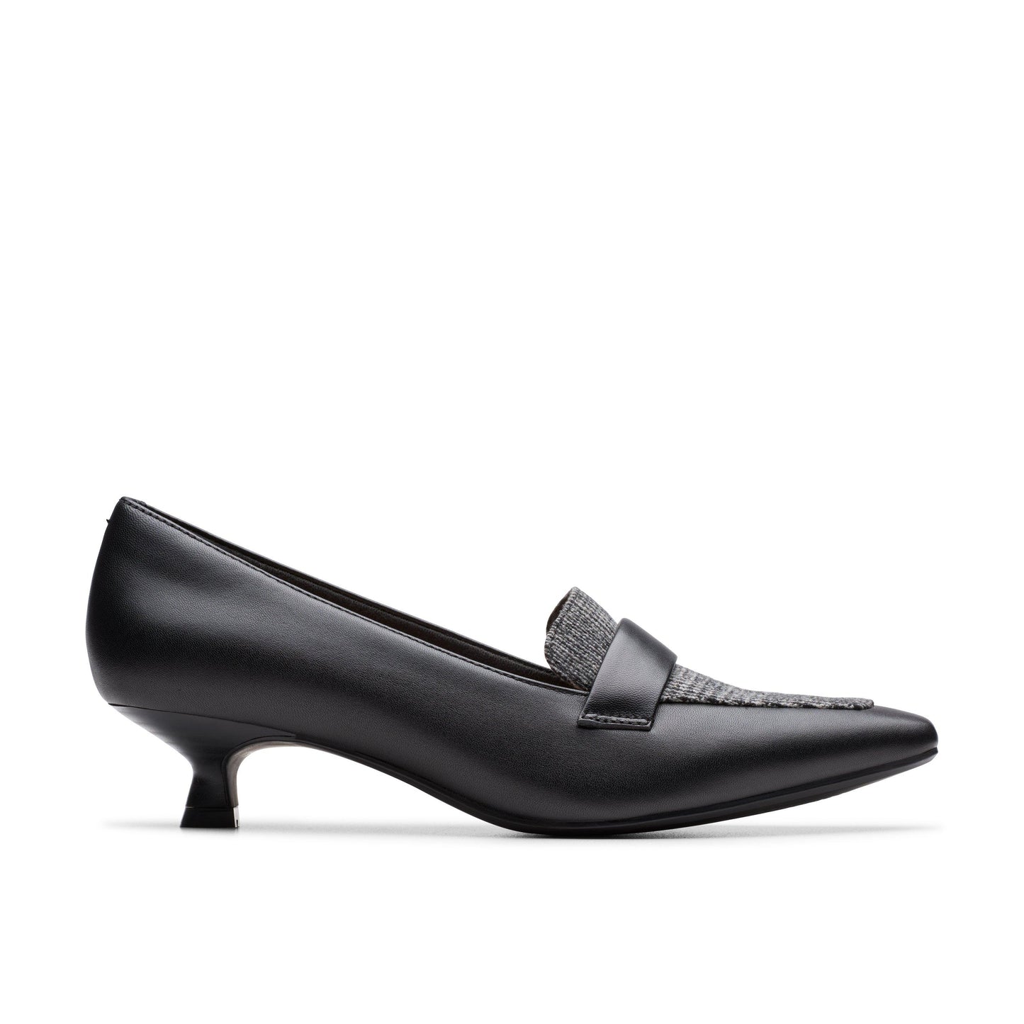 Black kitten heel loafer with a grey woven-fabric strap and pointed toe.