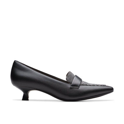 Black kitten heel loafer with a grey woven-fabric strap and pointed toe.