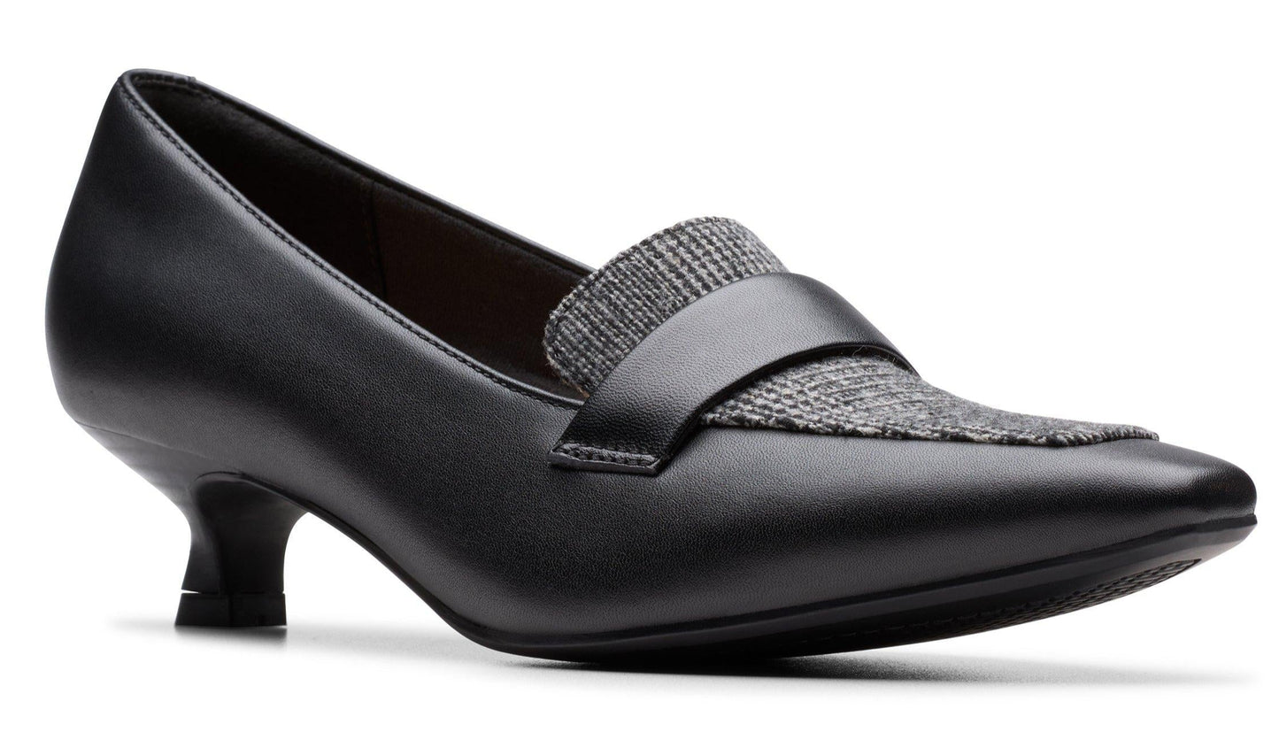 Black leather kitten heel loafer with gray wool insert.