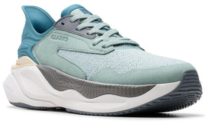 Teal and gray walking shoe with a thick white sole and laces.
