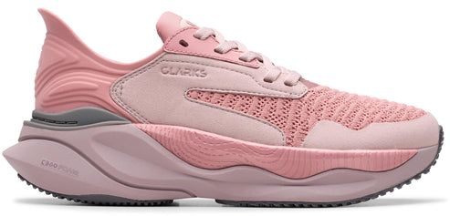 Pink sneaker with CLARKS label and decorative sole.