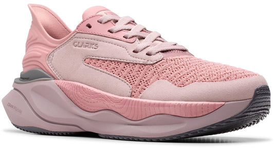 Pink lace-up sneaker with CLARKS text visible on the side.