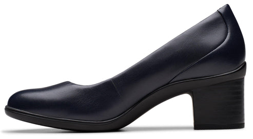 Navy leather heeled pump with block heel.