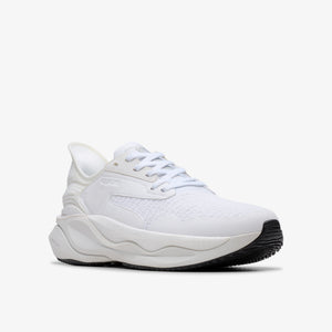 A white athletic shoe with white laces and a thick white midsole on a black outsole.